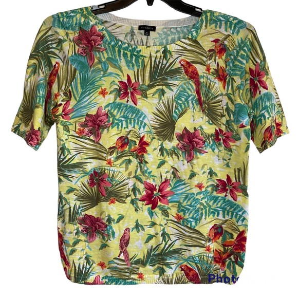 TALBOTS woman's size medium M 100% cotton tropical floral short sleeve sweater - Picture 1 of 11